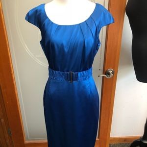 Blue satin dress with belt
